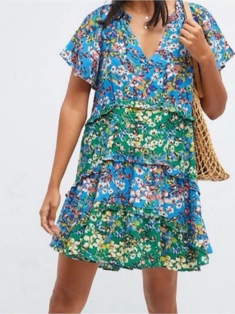 Anthropologie Floral Tiered V-Neck Summer Dress in Blue & Green